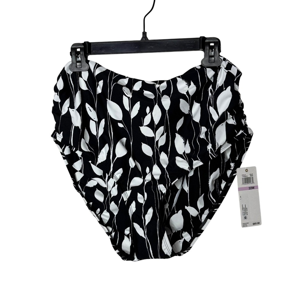 Retro High Waist Foldover Ruched Bikini Swim Bottom 22W Black White Floral‎ NEW